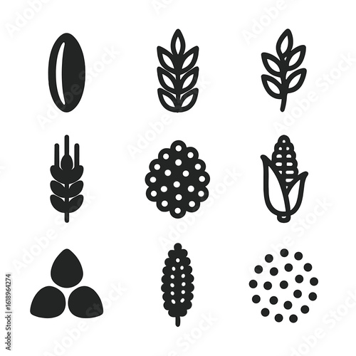 Grain Icons Grid. Solid, filled icon set of grains: rice, wheat, oats, barley, quinoa, corn, buckwheat, millet, couscous. Line