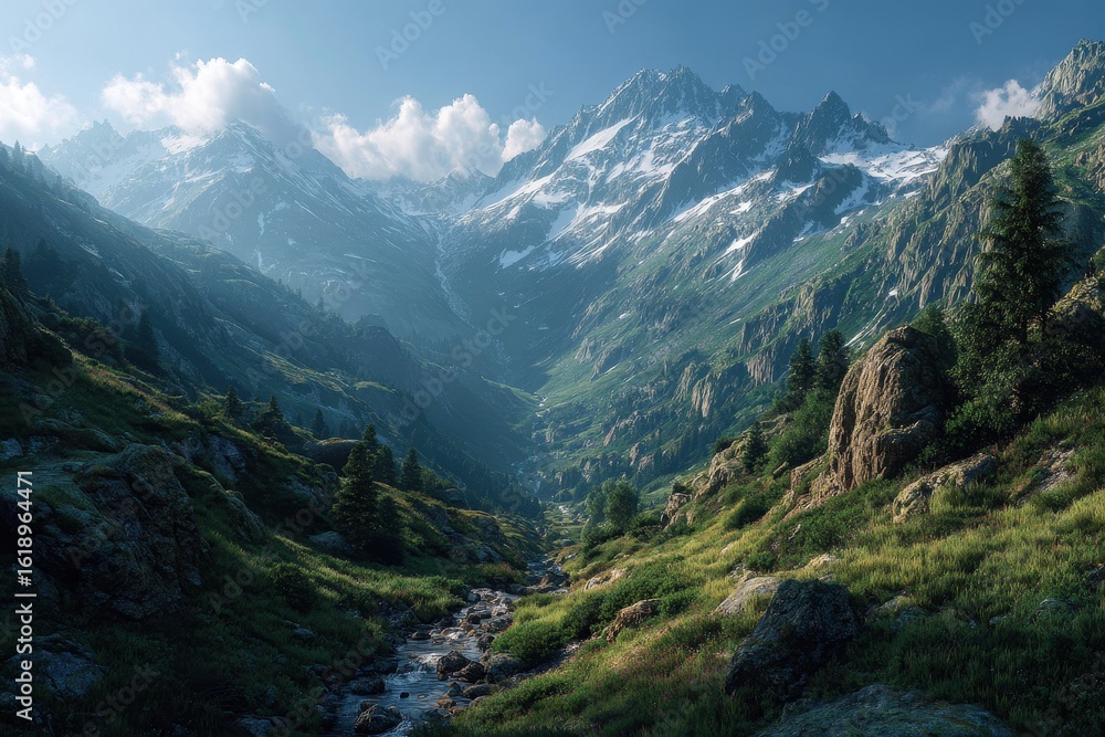Obraz premium Majestic mountains reach into a cloudy blue sky with misty valleys below in the range, a breathtaking and serene vista of nature's grandeur and mountain peaks covered in snow