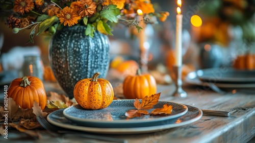 Beautiful Autumn Table Setting With Pumpkins and Flowers for Seasonal Celebra...