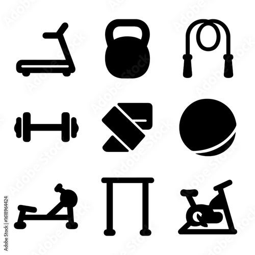 Gym Equipment Icons. Solid, filled icon set of gym equipment and exercises: treadmill, kettlebell, jump rope, exercise bike,