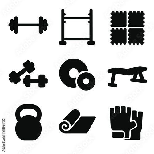 Gym Equipment Icons. Solid, filled icon set of gym workout: barbell, squat rack, gym floor, dumbbells, weight plates, weight bench