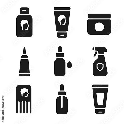 Haircare Icon Set. Solid, filled icon set of haircare personalized products: custom shampoo bottle, conditioner tube, hair mask
