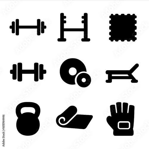 Gym Workout Icons. Solid, filled icon set of gym workout: barbell, squat rack, gym floor, dumbbells, weight plates, weight bench,