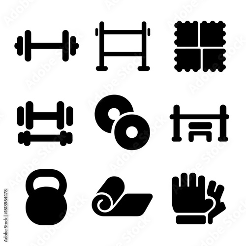 Gym Workout Icons. Solid, filled icon set of gym workout: barbell, squat rack, gym floor, dumbbells, weight plates, weight bench,