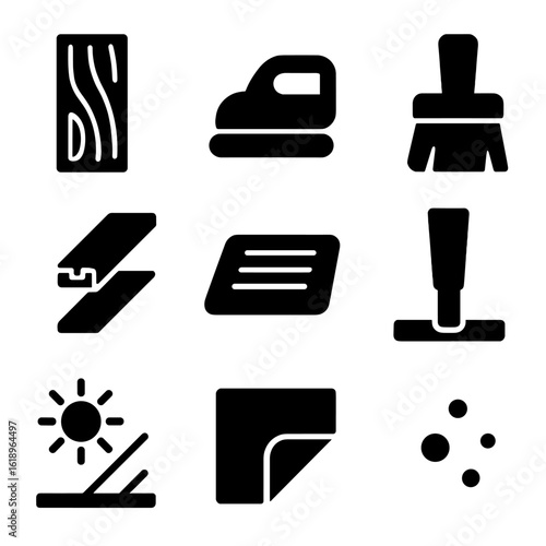 Hardwood Flooring Icons. Solid, filled icon set of hardwood flooring elements: oak wood plank, sanding tool, varnish brush, floor