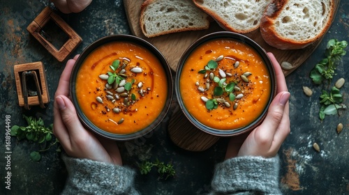 Creamy Pumpkin Soup Served in Rustic Bowls With Toppings During Autumn Gather...