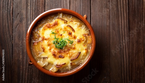 overhead shot of bubbling french onion soup with melted cheese and herbs in rustic ceramic bowl on wooden surface with copy space