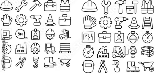 Construction and Industrial Tools and Safety Equipment Icons.
