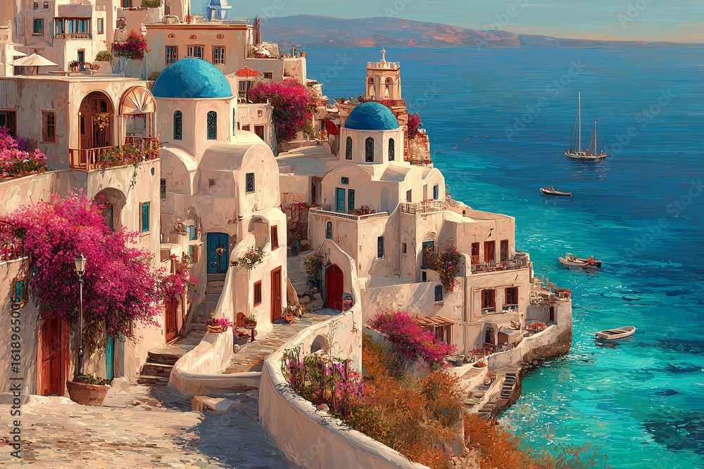 Fototapeta premium Mediterranean Seaside Village: A Coastal Paradise