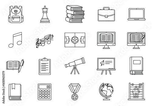 Backpack chess king stack books briefcase laptop music notes soccer field computer screen whiteboard telescope clipboard calculator medal globe abacus