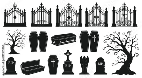 Cemetery gates coffins tombstones spooky trees angel statue vector