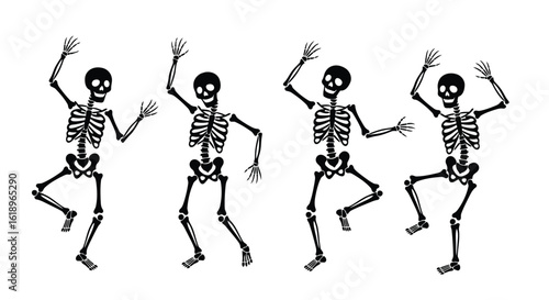 Four black dancing skeletons on white background spooky