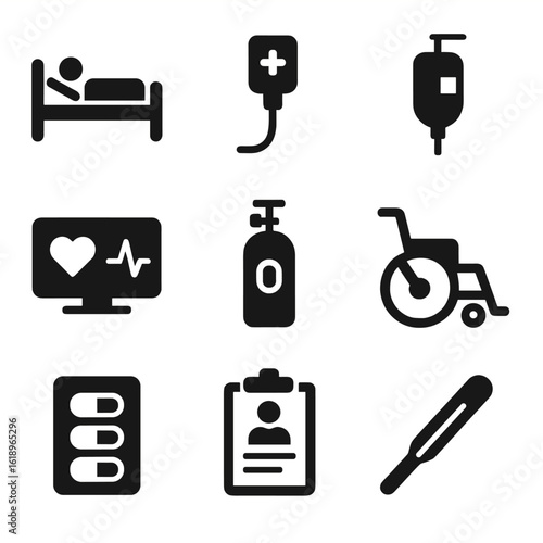 Healthcare Icons Grid. Solid, filled icon set of patient care: hospital bed, nurse call button, IV drip, heart monitor, oxygen