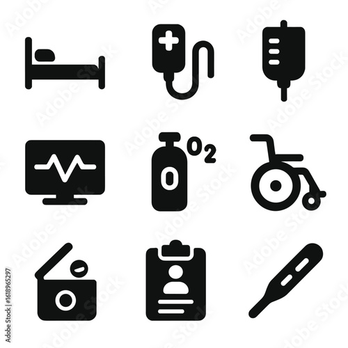Healthcare Icons Grid. Solid, filled icon set of patient care: hospital bed, nurse call button, IV drip, heart monitor, oxygen