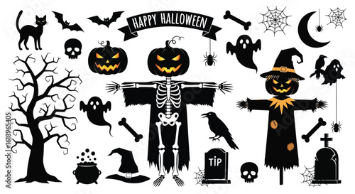 Halloween characters and symbols including pumpkins bats ghosts scarecrows and a black cat jack o lantern