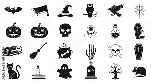 Halloween icons bat cleaver witch hat owl crow spider web pumpkin skull creepy eye potion coffin skull and crossbones cauldron broom skeleton hand tombstone ghost dead tree rat
