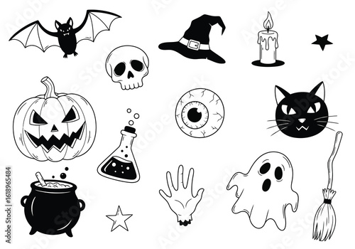 Halloween icons bat skull pumpkin cauldron witch hat potion eye black cat ghost broomstick vector
