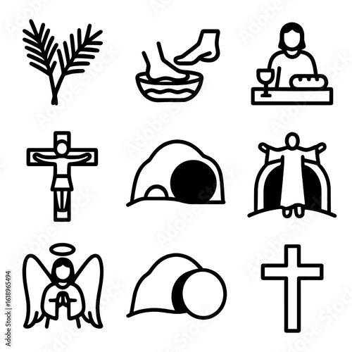 Holy Week Icons. Solid, filled icon set of Holy Week: palm branches, foot washing, last supper, crucifixion, tomb, resurrection,