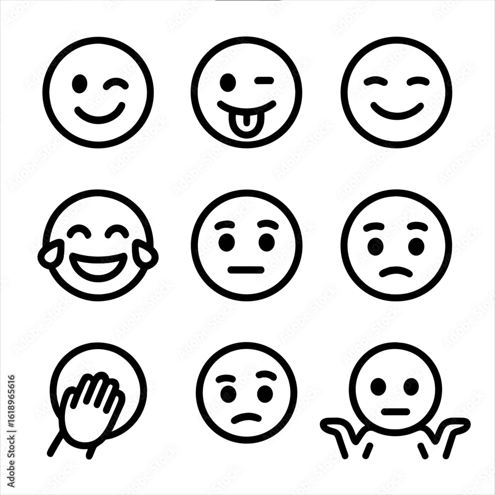 Humorous Expression Icons. Solid, filled icon set of humorous expressions: winking eye, tongue out, smirk, laugh tears, eye roll, Humorous Expression Icons. Solid, filled icon set of humorous expressions: winking eye, tongue out, smirk, laugh tears, eye roll,