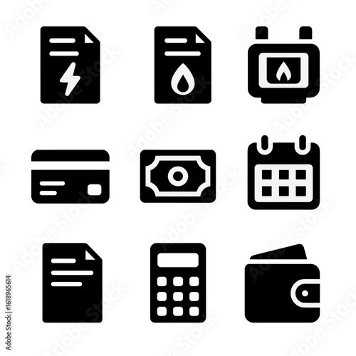 Household Bill Icons. Solid, filled icon set of household bills and payments: electricity bill, water bill, gas meter, credit card