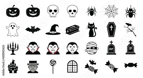 Halloween icons featuring pumpkins skulls bats ghosts vampires mummies coffins and candy jack o lantern