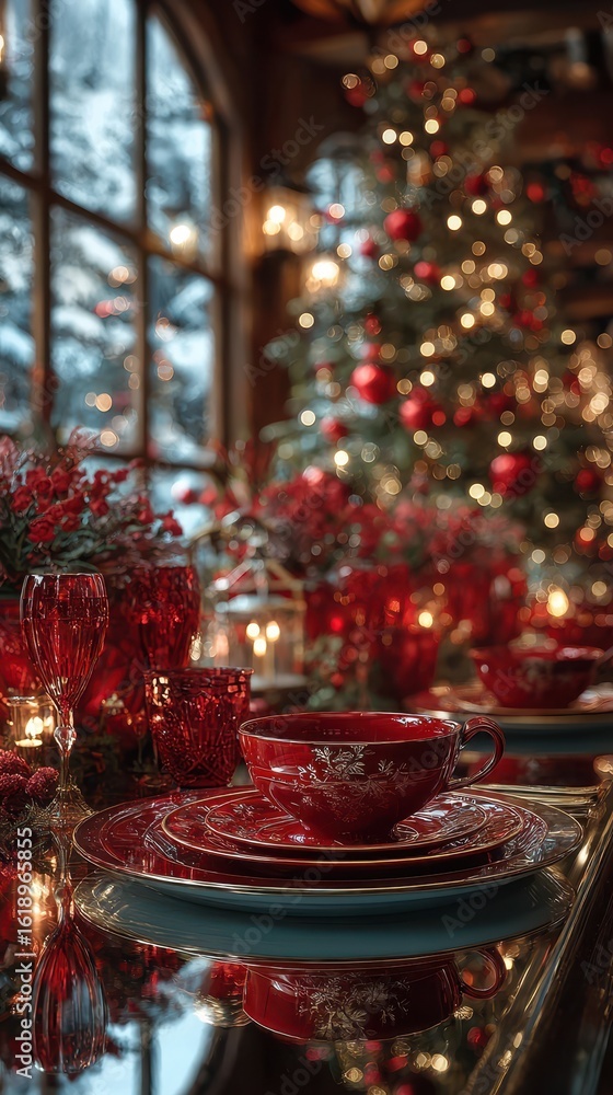 Naklejka premium Festive holiday table setting with red decorations and sparkling lights in a cozy cabin