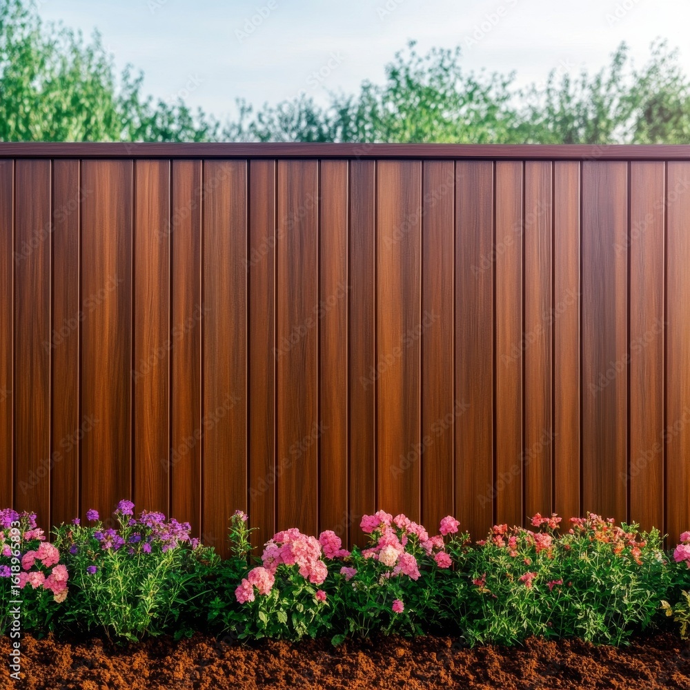 Fototapeta premium Garden Flowers Bloom Against Wooden Fence, Backyard , Landscaping