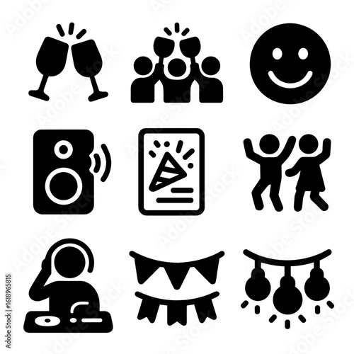 Iconic Party Symbols. Solid, filled icon set of social drinking scenes: clinking glasses, group cheers, happy face, music speaker,