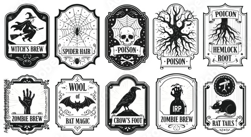 Halloween potion labels with witches spiders skulls bats and rats vector