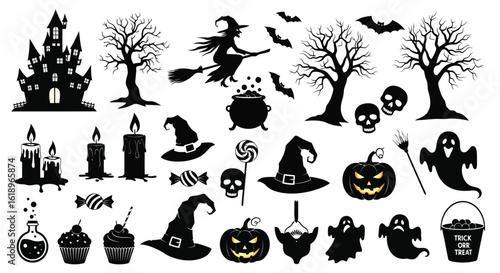 Halloween silhouettes haunted castle witch bats spooky trees cauldron skulls dripping candles witch hats lollipops candies cupcakes potion bottle jack o lanterns