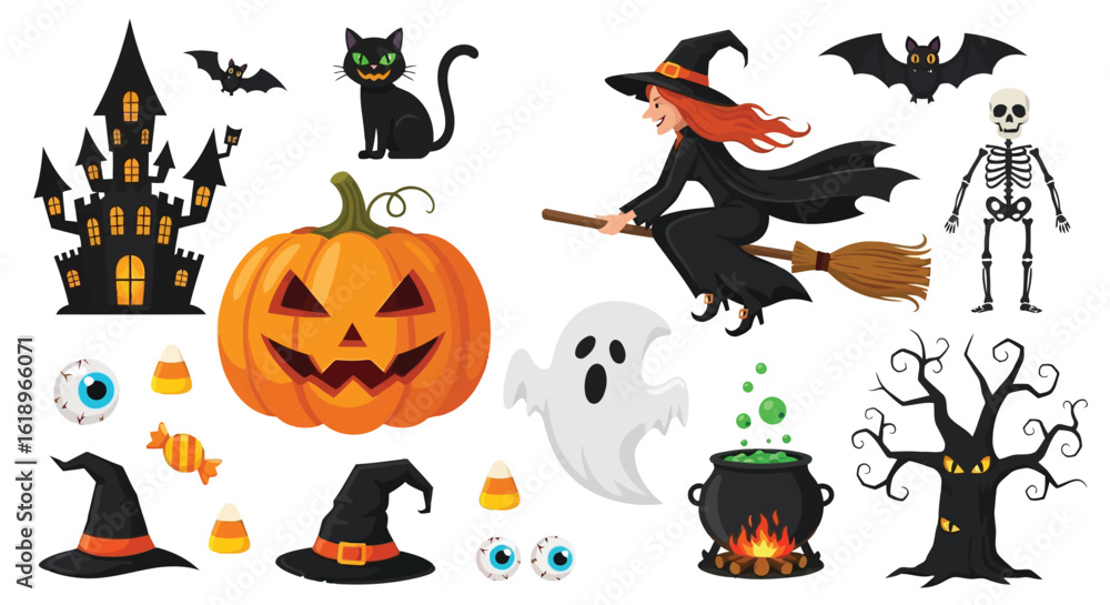 Fototapeta premium Haunted castle black cat witch on broomstick pumpkin ghost skeleton candy spooky tree halloween