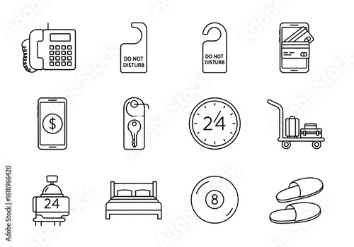 Hotel service icons telephone do not disturb sign key payment clock luggage bed billiard slippers vector