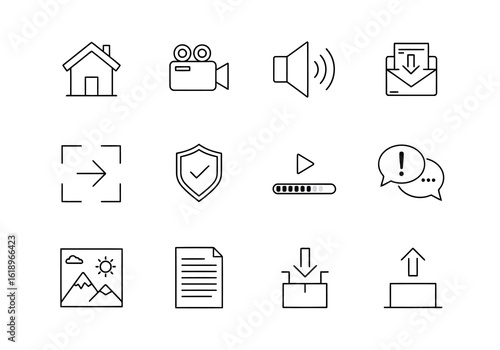 House camera sound envelope entry shield progress bar message picture document download upload video