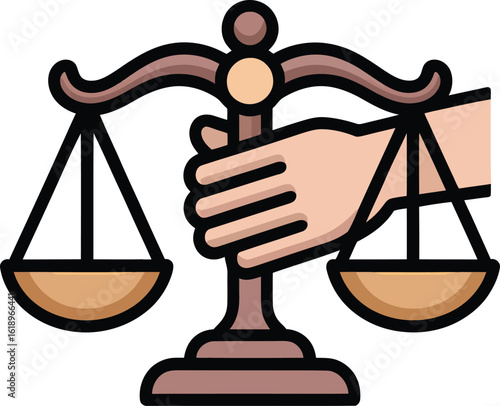 Balance Scale Of Justice Vector Illustration With Hand Holding Symbol Of Fairness Equality Law Legal Judgment Court Decision Artwork