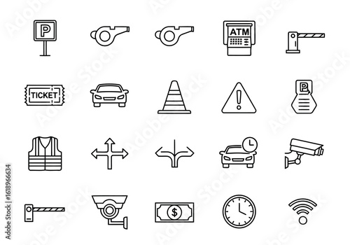 Parking lot management icons traffic control security ticket cone safety vest car atm barrier warning sign money clock wifi