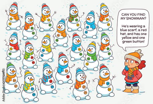 Find the Match. Find by Clues. Spot it. Winter-themed logic puzzle for kids. Help the girl find her snowman by matching scarf, hat, and button colors. Great for observation and attention activities.