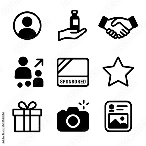 Influencer Icon Set. Solid, filled icon set of influencer marketing: influencer profile, product endorsement, handshake, follower