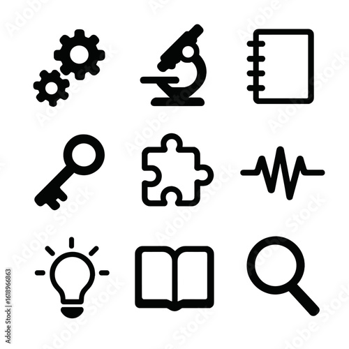 Inquisitive Mind Icons. Solid, filled icon set of inquisitive mind: gears, microscope, notebook, key, puzzle piece, brainwave,