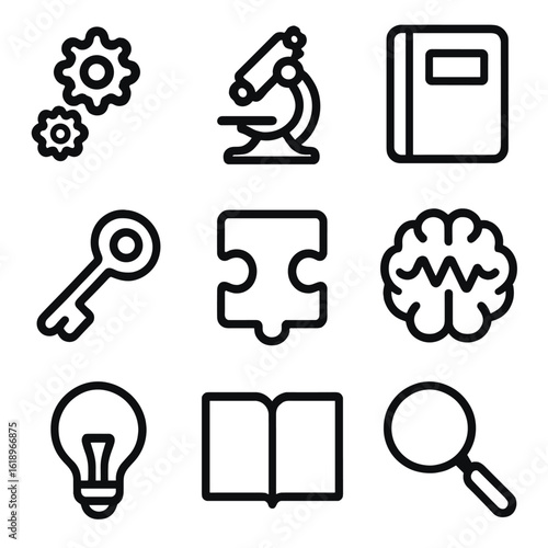 Inquisitive Mind Icons. Solid, filled icon set of inquisitive mind: gears, microscope, notebook, key, puzzle piece, brainwave,