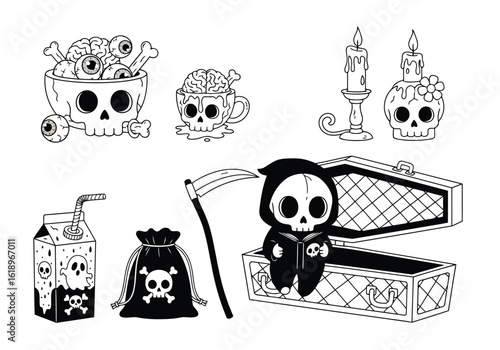 Spooky skull collection with grim reaper in coffin and Halloween treats bones