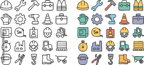 Construction and Industrial Tools Safety Equipment Icons Set 1.