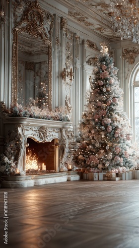 Wallpaper Mural Elegant holiday decorations in a grand room featuring a sparkling Christmas tree and a cozy fireplace adorned with lights Torontodigital.ca