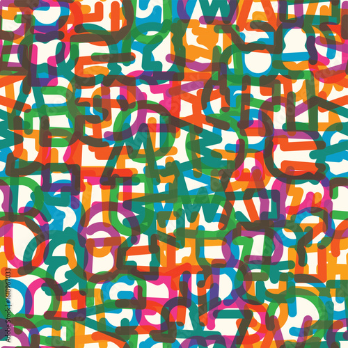 Vector seamless pattern colored background with simple, thick geometric font. Latin alphabet letters, numbers. Textile, fabric, wallpaper, wrapping paper, tile, t-shirt design. No ai