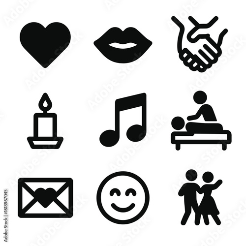 Intimacy Icon Collection. Solid, filled icon set of rebuilding intimacy: heart, kiss, hand holding, candle, music note, massage,