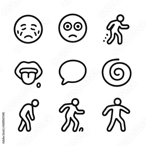 Intoxication Icons Set. Solid, filled icon set of intoxication signs: flushed face, glassy eyes, stumbling figure, drooling mouth,