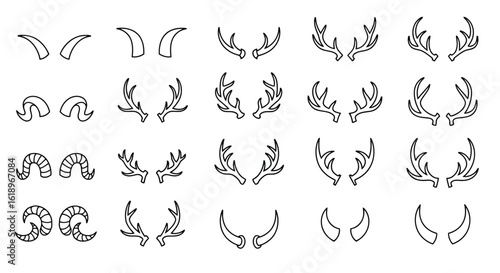 Various animal horns and antlers depicted in outline deer antlers ram horns