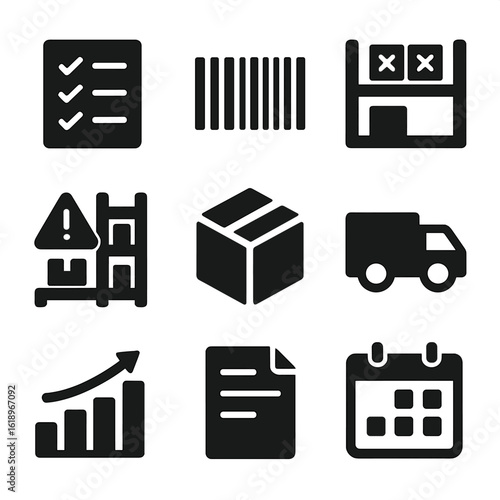 Inventory Management Icons. Solid, filled icon set of inventory management: stock list, barcode, warehouse shelves, reorder alert,