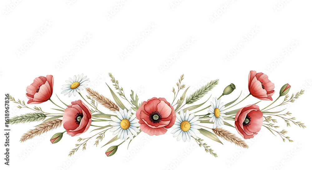Naklejka premium Watercolor floral arrangement of red poppies and wildflowers with copy space