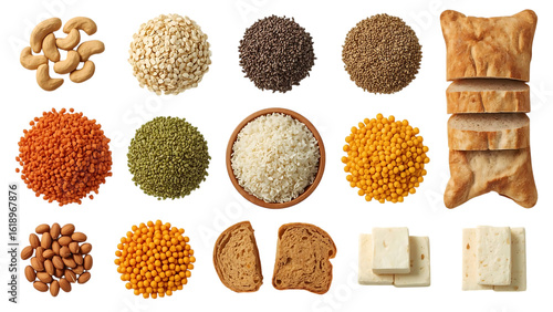 Assortment of grains legumes nuts and bread products isolated on transparent background