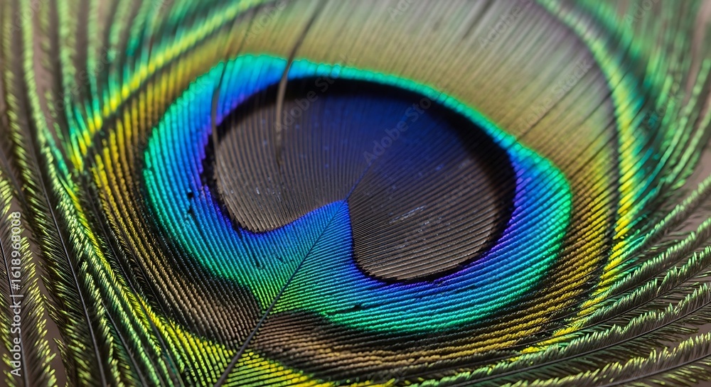 Naklejka premium Close-up of Iridescent Peacock Feather Eye, Abstract Nature Photography of a Colorful Peacock Feather